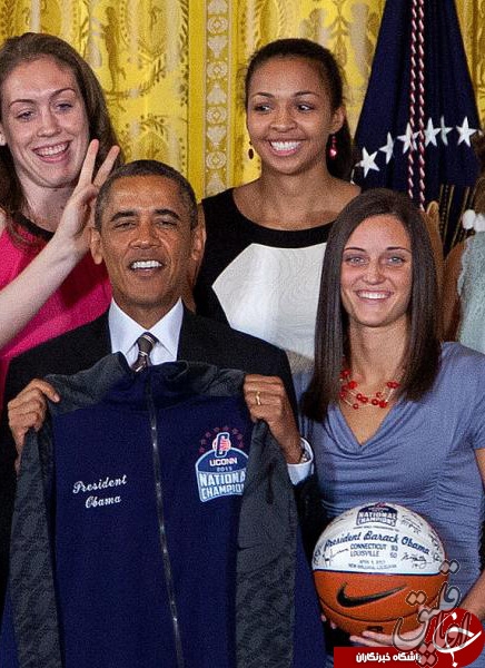University of Connecticut Huskies basketball center Stefanie Dolson, top left, give the 'bunny ears' to President Barack Obama as he poses for photo with the team during a ceremony in the East Room of the White House in Washington, Wednesday, July 31, 2013, where the president honored their 2013 NCAA Womenís Basketball Championship win. Also seen, from top left, Breanna Stewart, Kiah Stokes, bottom left, Caroline Doty, Kaleena Mosqueda-Lewis and Kelly Faris. (AP Photo/Carolyn Kaster)